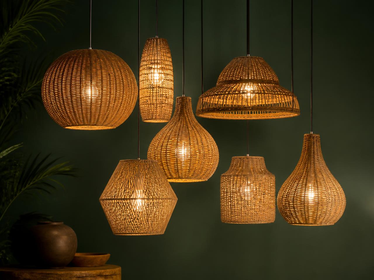 Cluster of woven rattan pendant lights