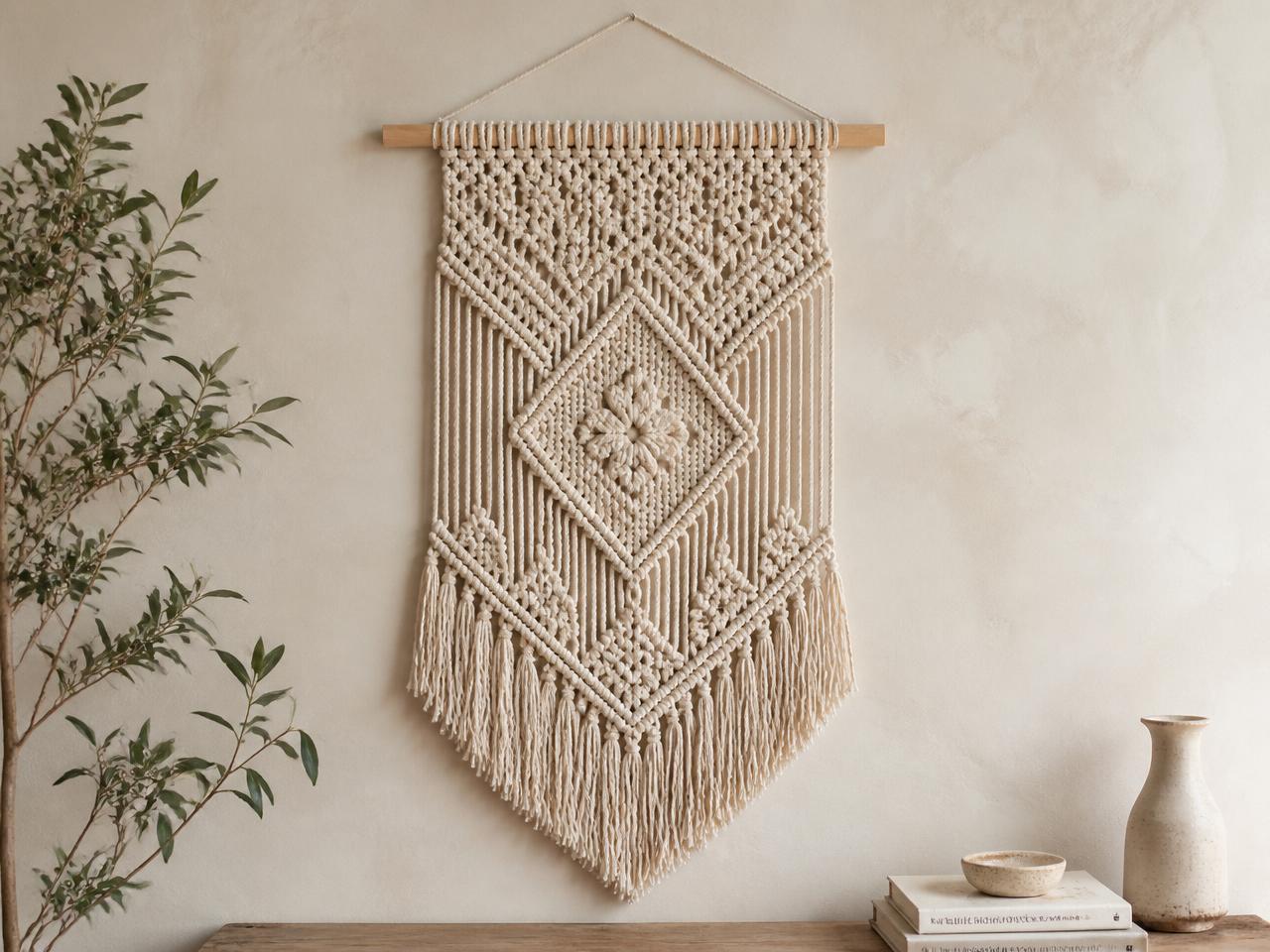 Hand-knotted macramé wall panel