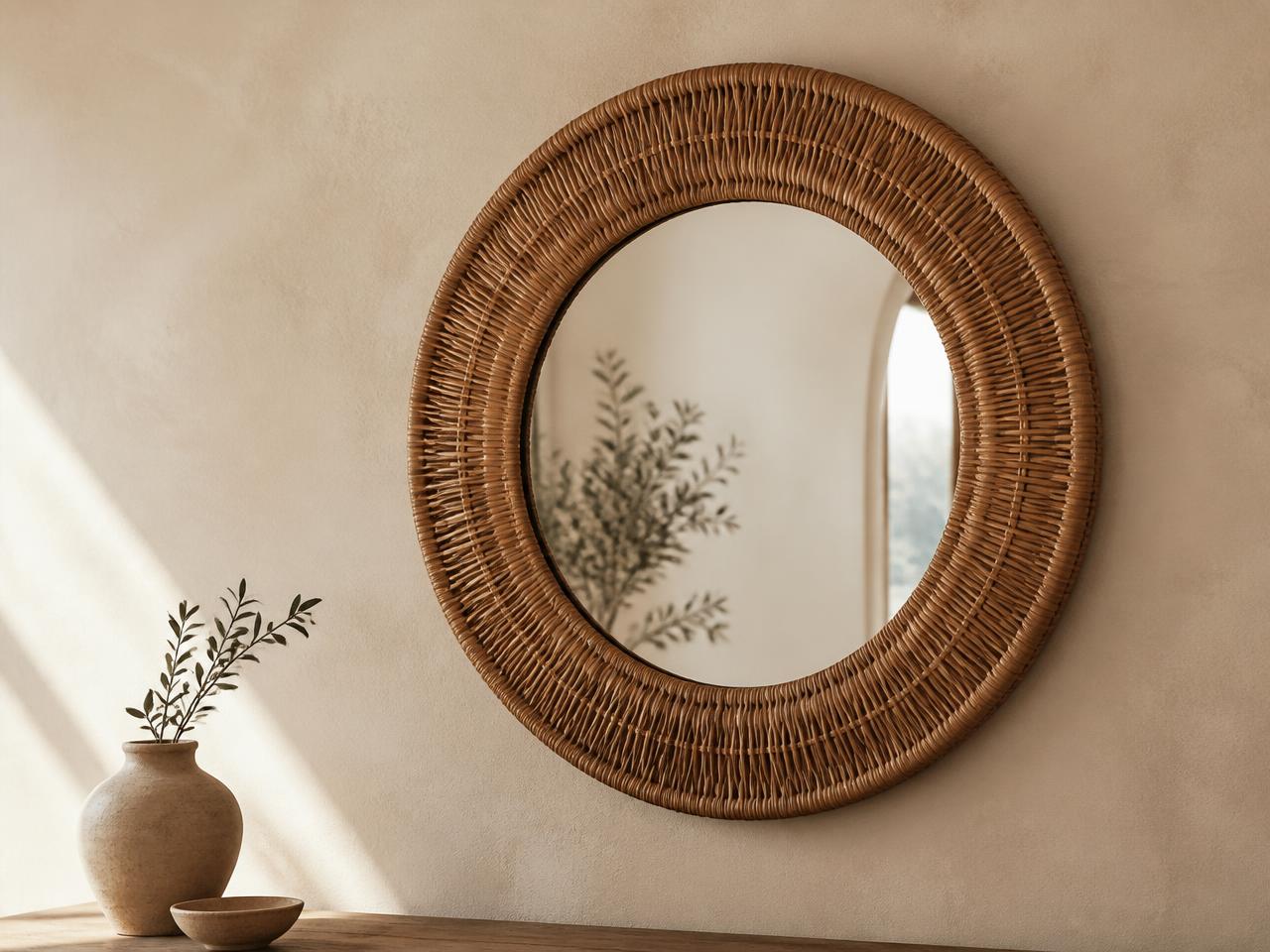 Round rattan mirror on a plaster wall