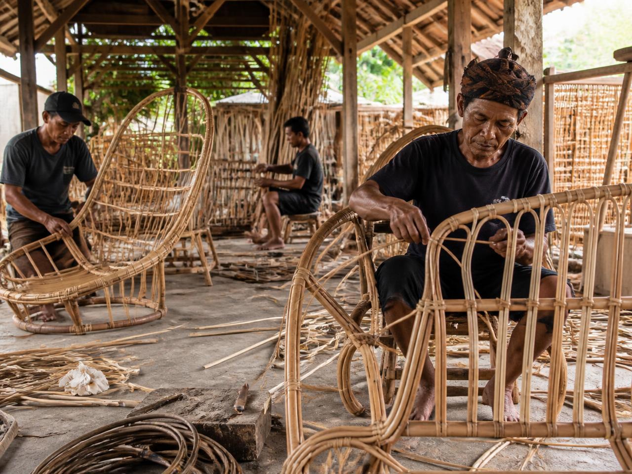 Artisan weaving a rattan chair frame by hand